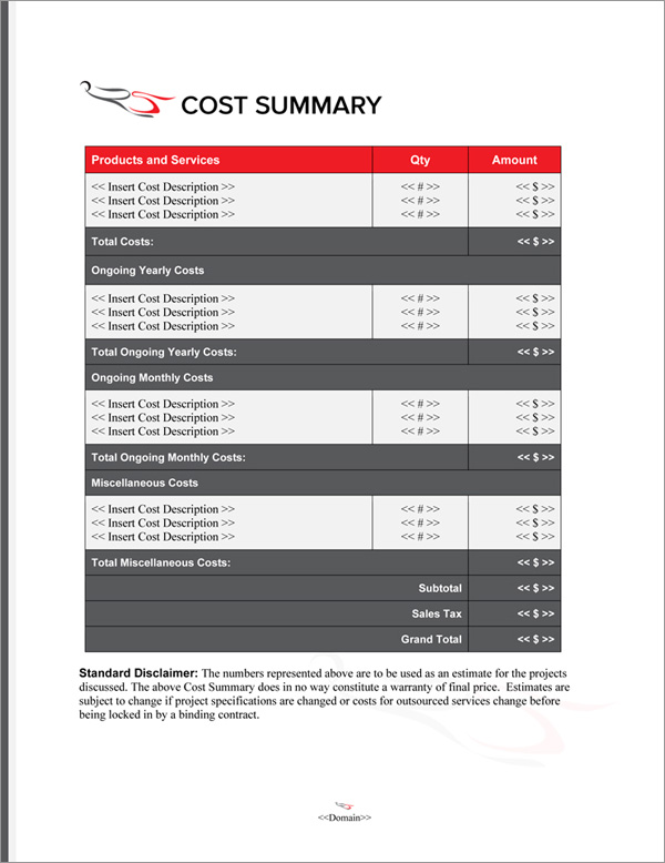 Proposal Pack Aerospace #5 Cost Summary Page