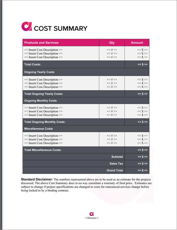 Proposal Pack Symbols #9 Cost Summary Page