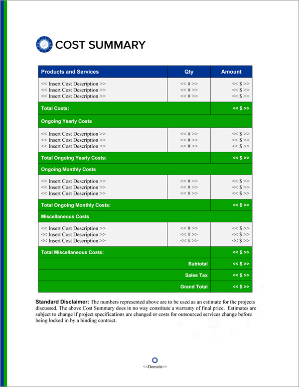 Proposal Pack Wireless #5 Cost Summary Page