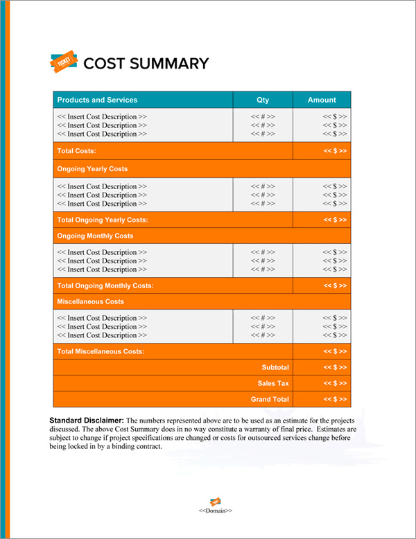 Proposal Pack Events #7 Cost Summary Page