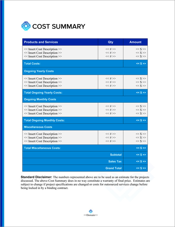 Proposal Pack Contemporary #22 Cost Summary Page