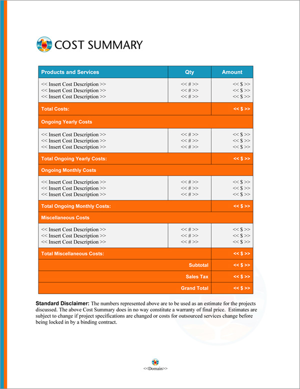 Proposal Pack Hospitality #3 Cost Summary Page