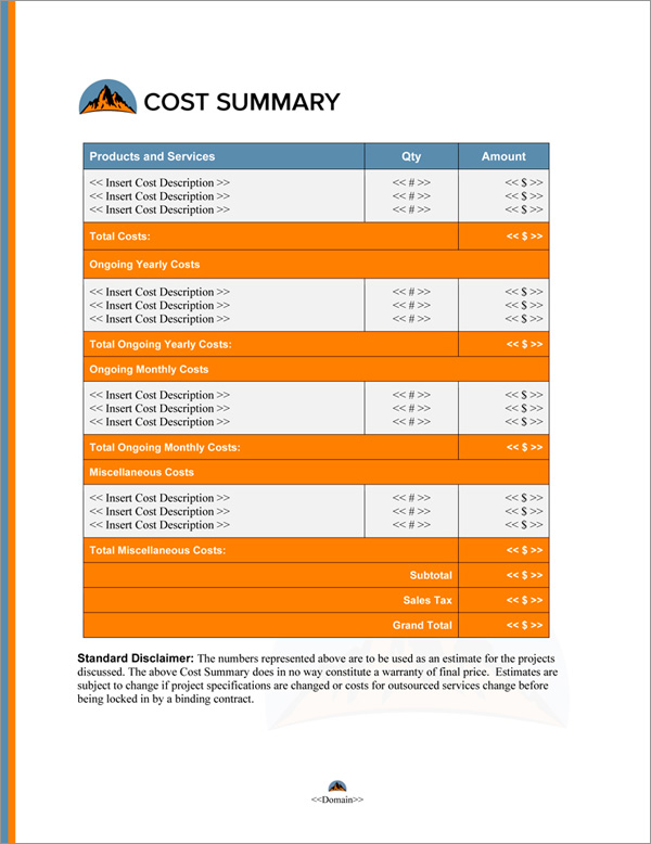 Proposal Pack Outdoors #6 Cost Summary Page