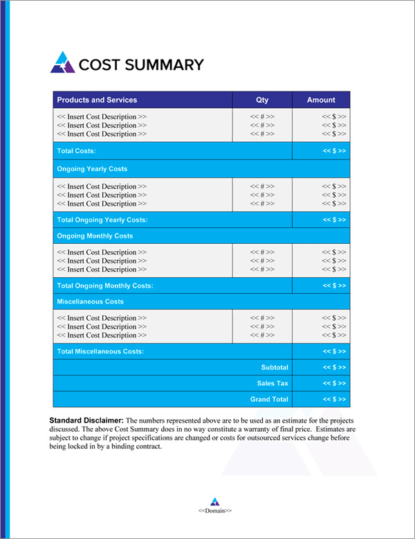 Proposal Pack Symbols #11 Cost Summary Page