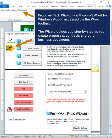 Proposal Pack Wizard - Home Screen