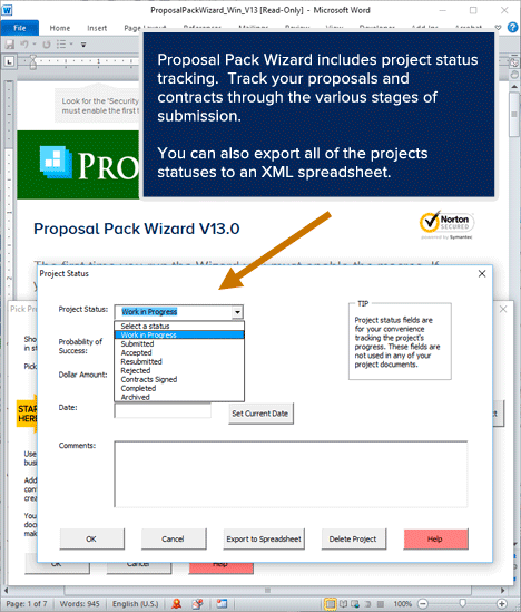 Proposal Pack Wizard - Project Status Tracking Screen
