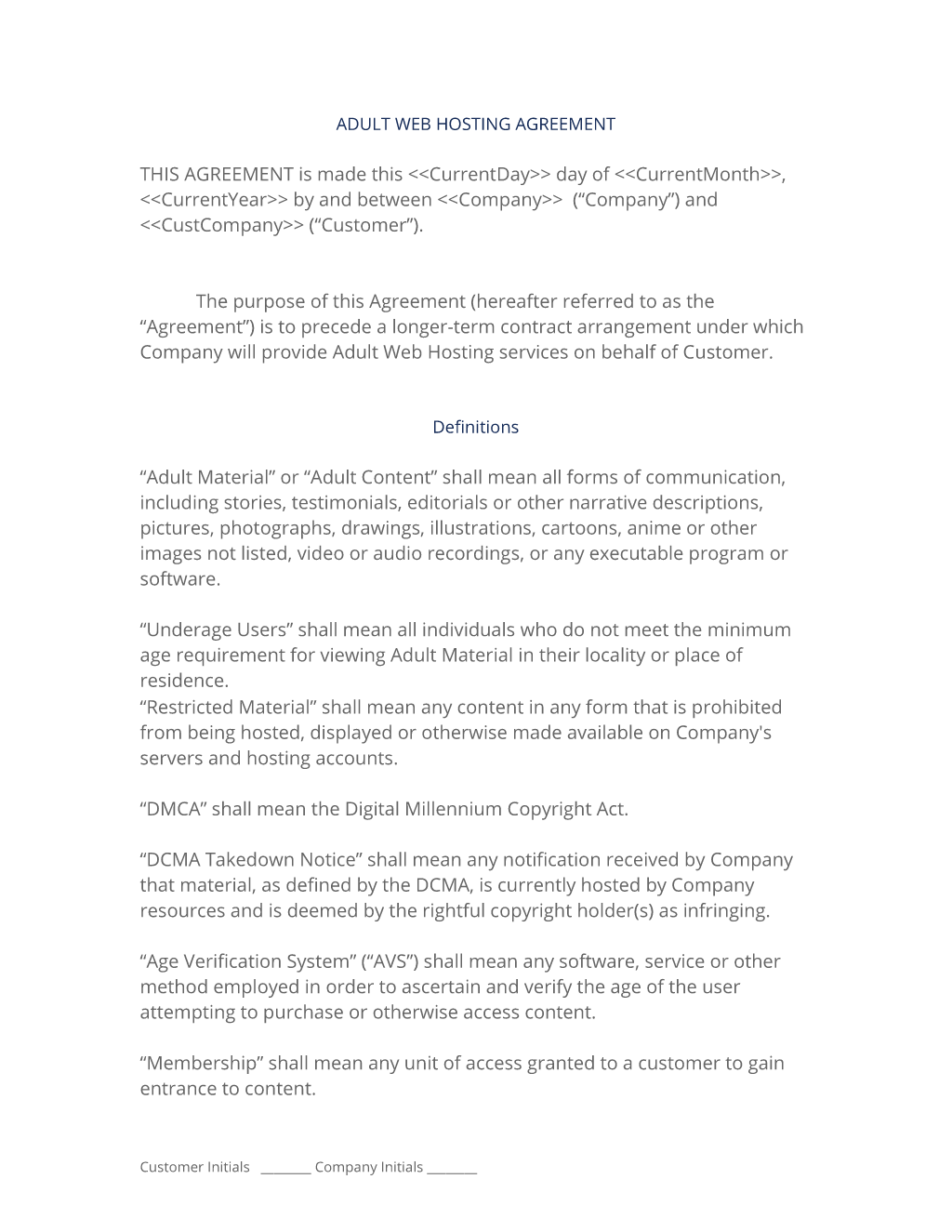 Adult Web Site Hosting Agreement