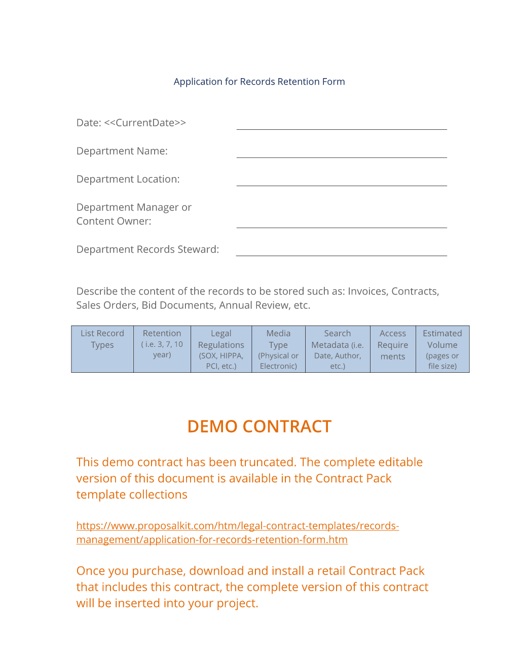 Application for Records Retention Form