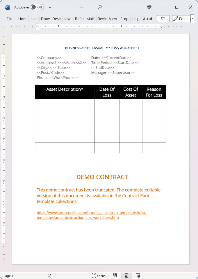 Asset Destruction Loss Worksheet