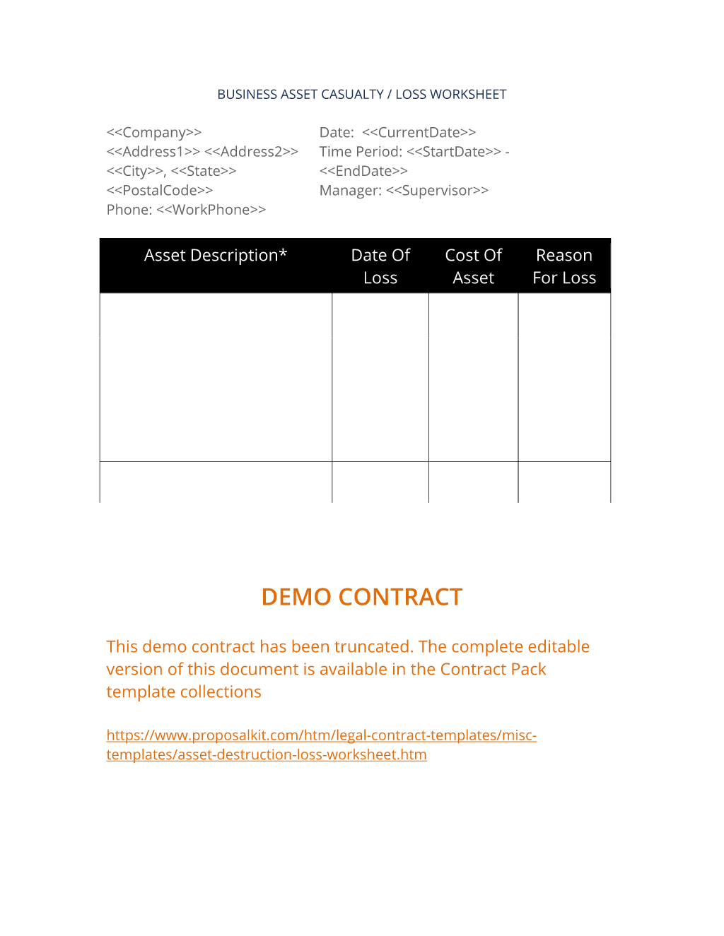 Asset Destruction Loss Worksheet