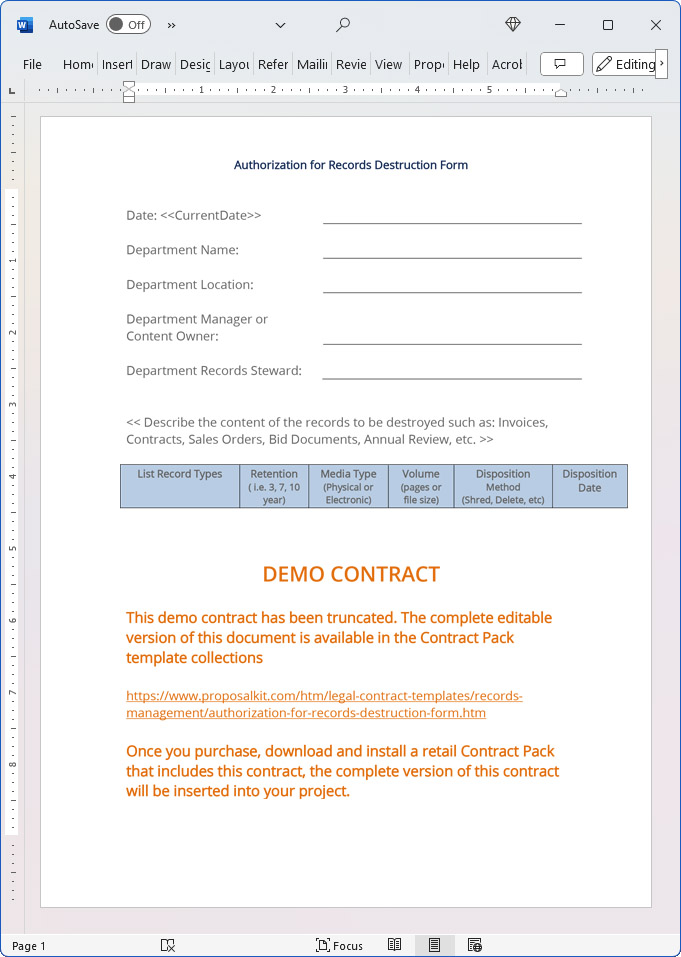 Authorization for Records Destruction Form