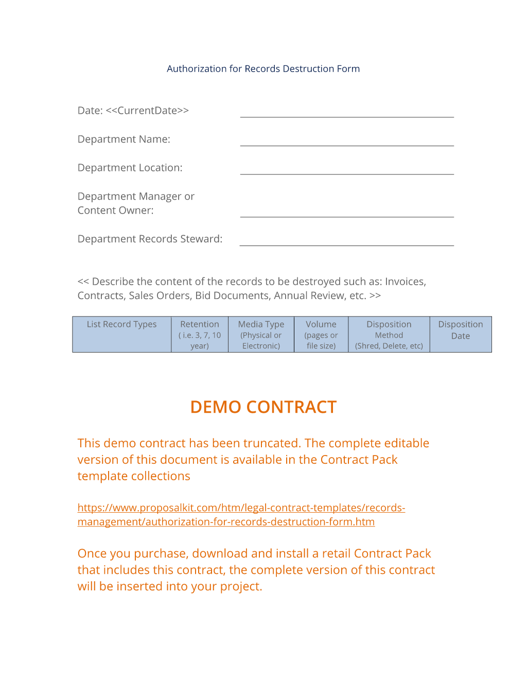 Authorization for Records Destruction Form