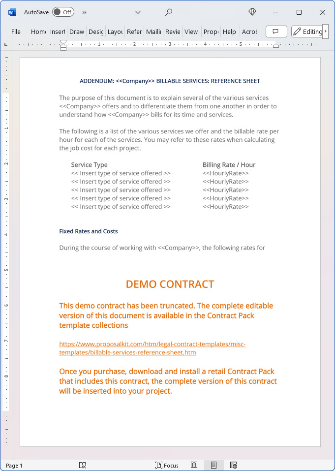 Billable Services Reference Sheet