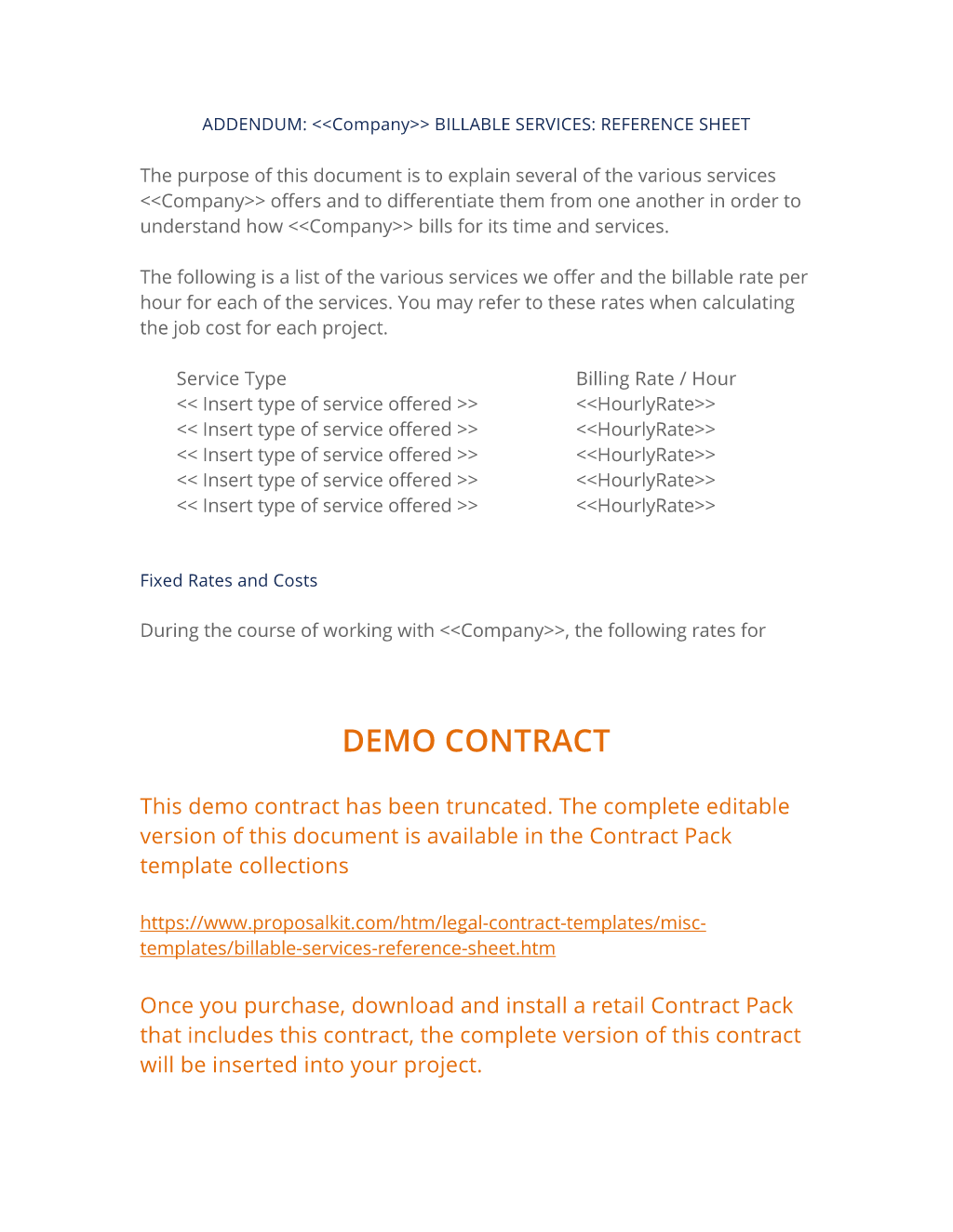 Billable Services Reference Sheet