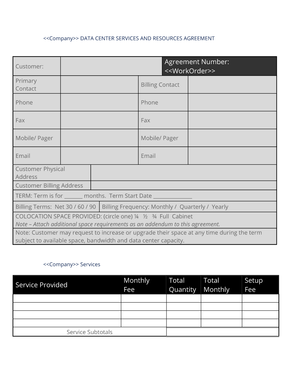 Colocation Hosting Short Form Contract