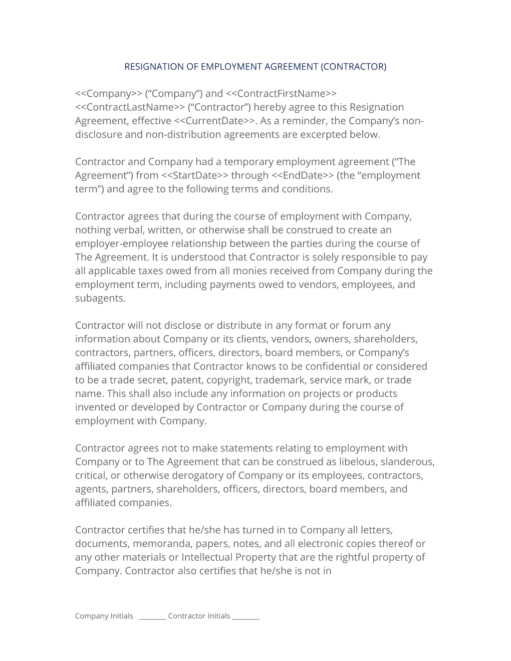 Contractor Employment Resignation
