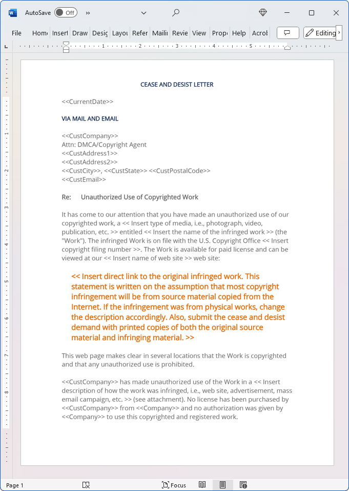 Copyright Cease and Desist Notification Form (Verbose)