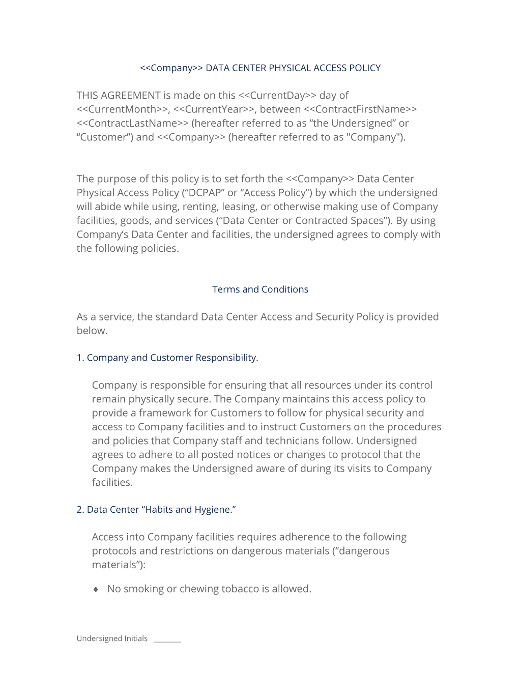 Data Center Physical Access Policy and Agreement