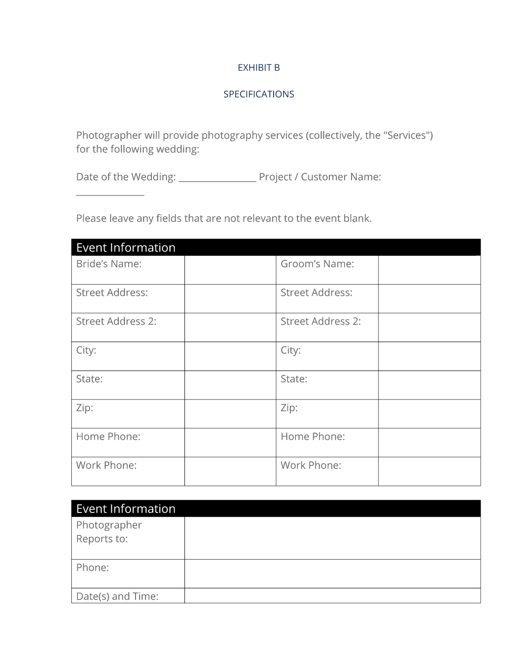 Exhibit B (Wedding Photography Specifications) Exhibit B (Wedding Photography Specifications)