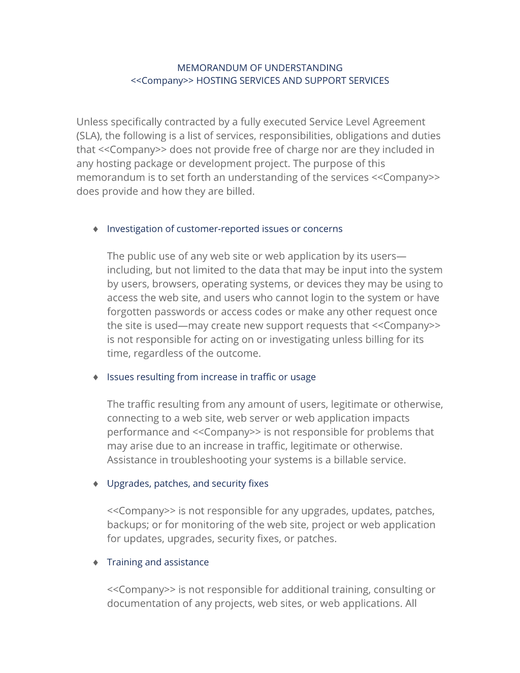 Hosting and Support Services Memorandum