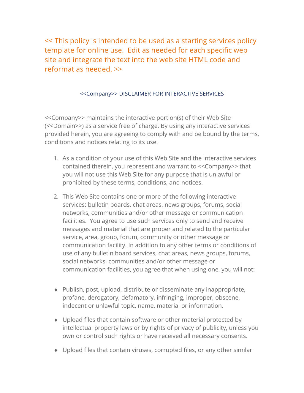 Interactive Service Disclaimer Policy