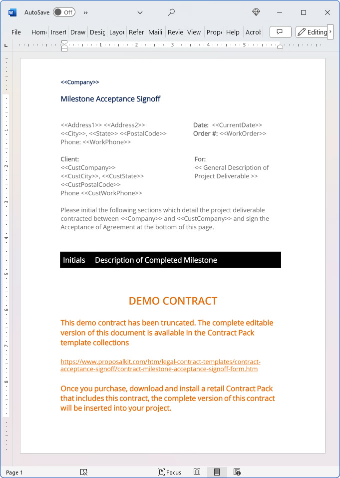 Contract Milestone Acceptance Signoff Form