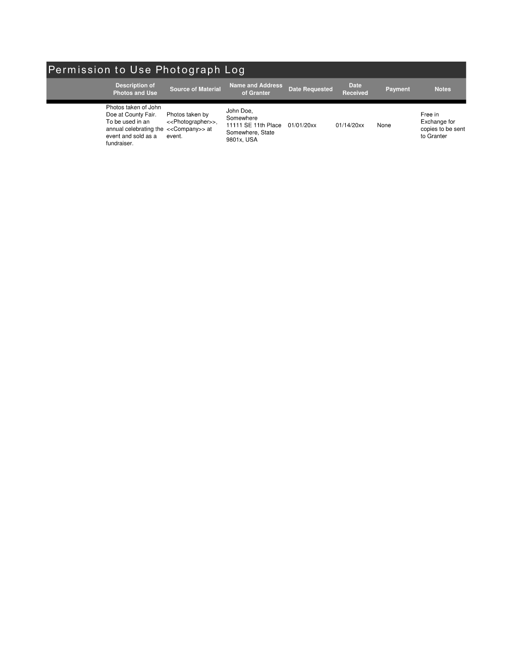 Permission for Photos Log