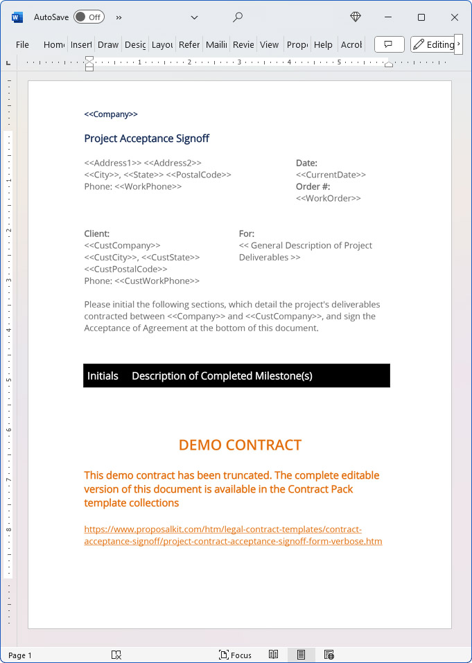 Project Contract Acceptance Signoff Form (Verbose)