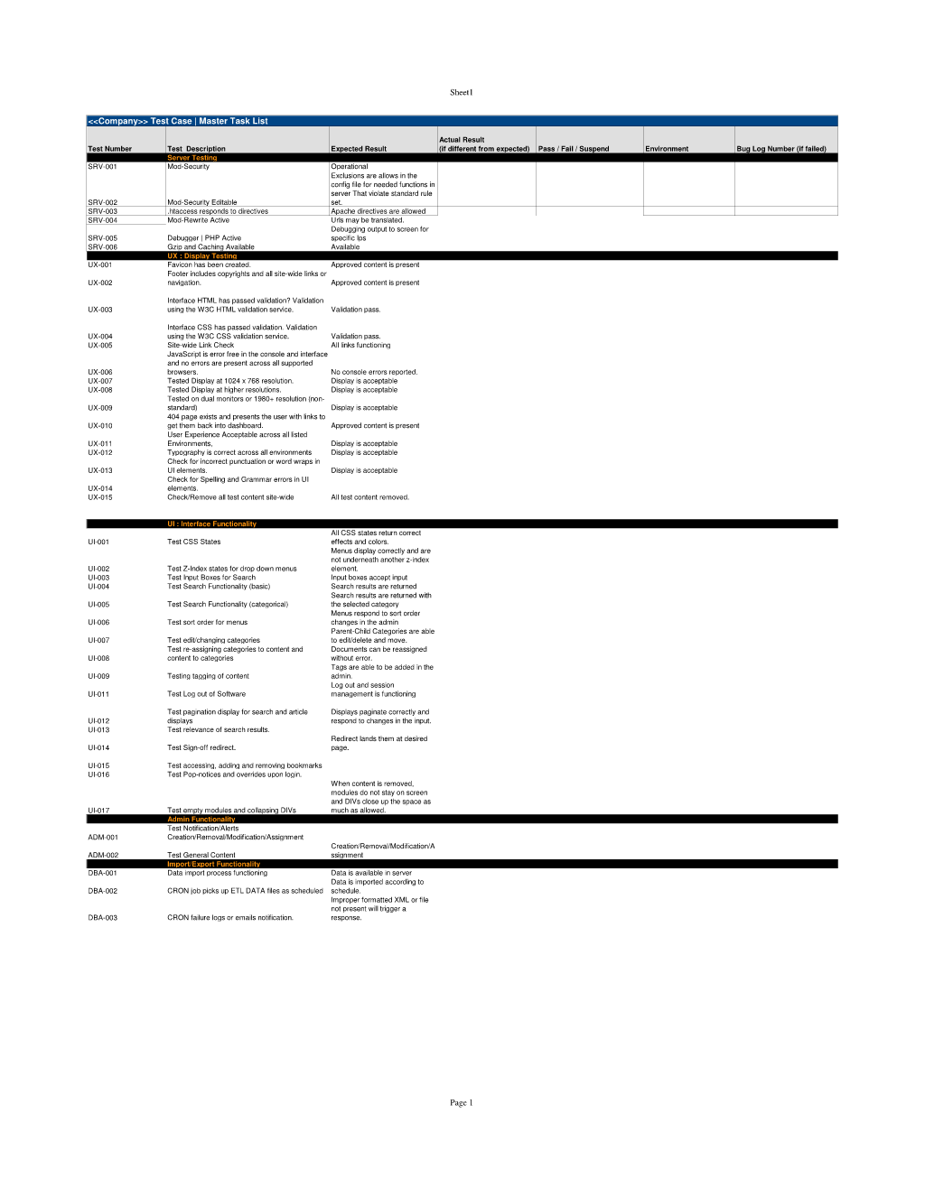 Software Project Test Task List Spreadsheet