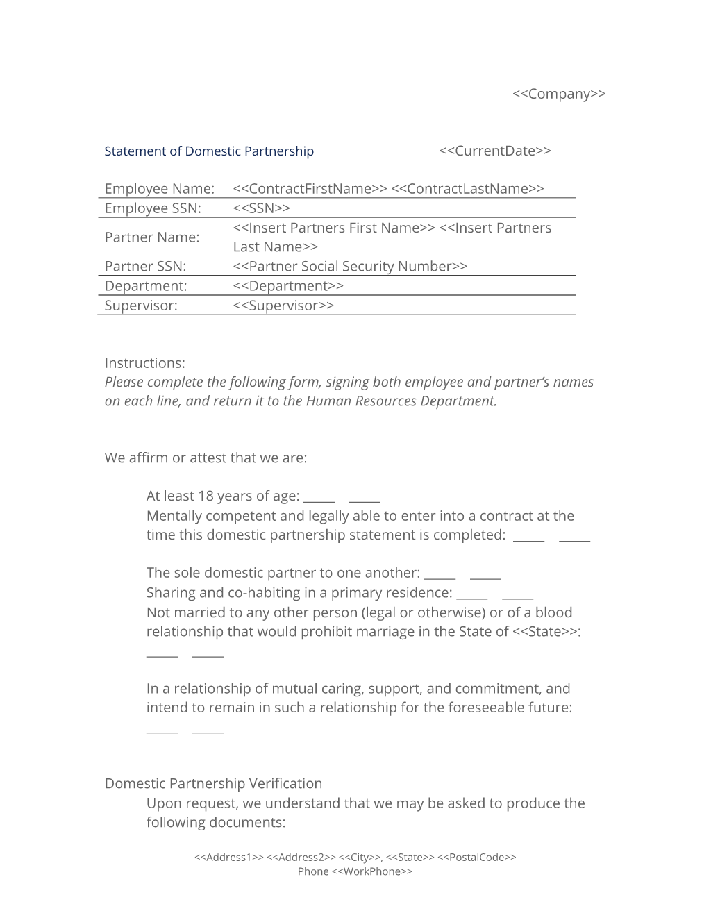 Statement of Domestic Partnership Form