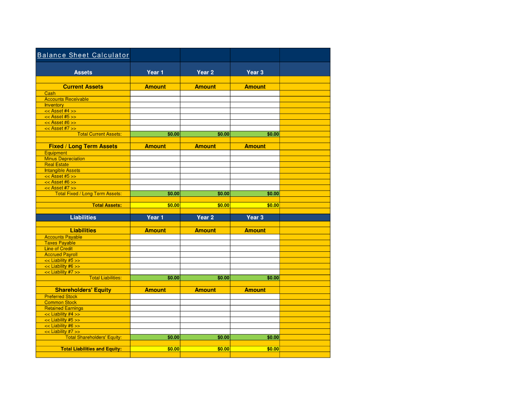 Balance Sheet Three Year Calculator