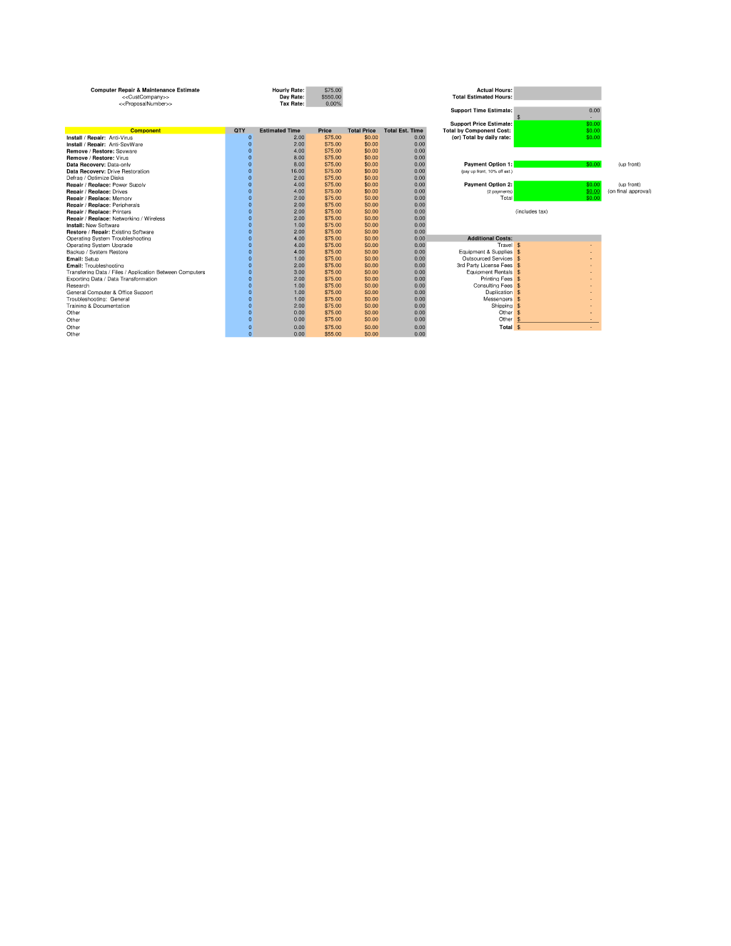 Computer Repair and Maintenance Estimate Spreadsheet