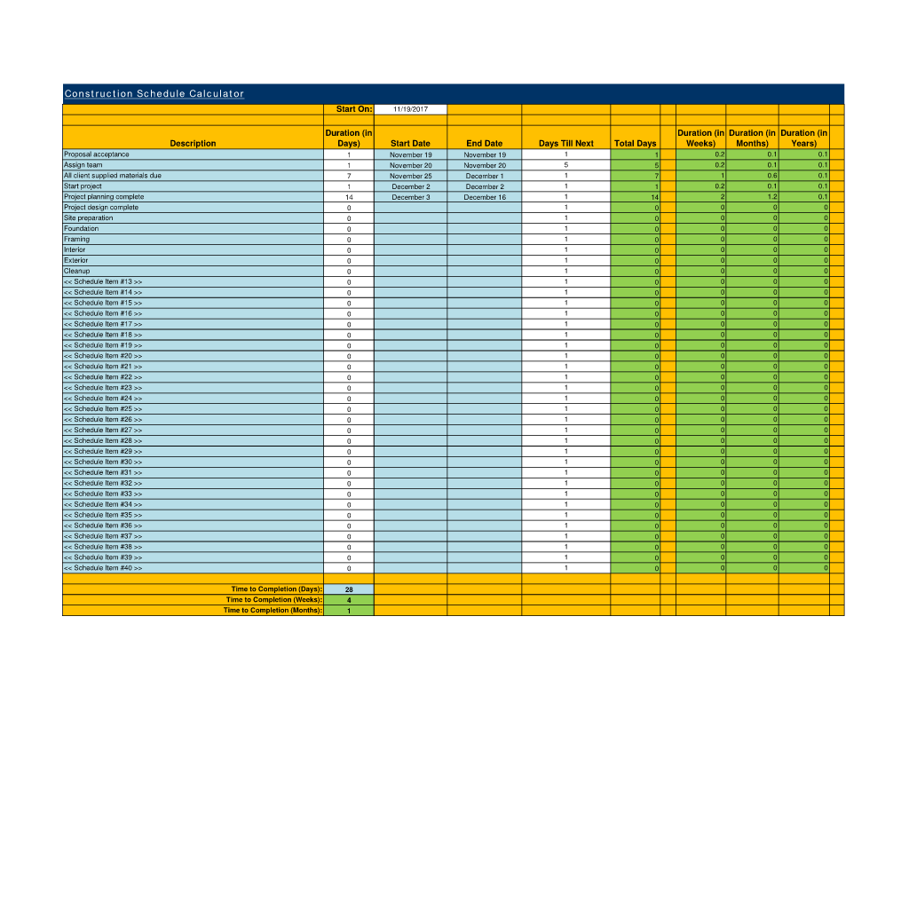 Construction Schedule Calculator