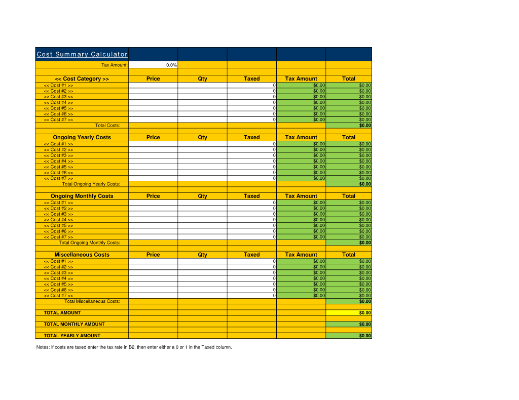 Cost Summary Calculator