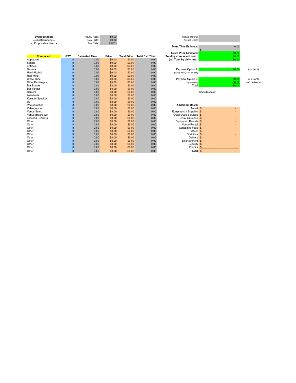 Event Planner Estimate Spreadsheet