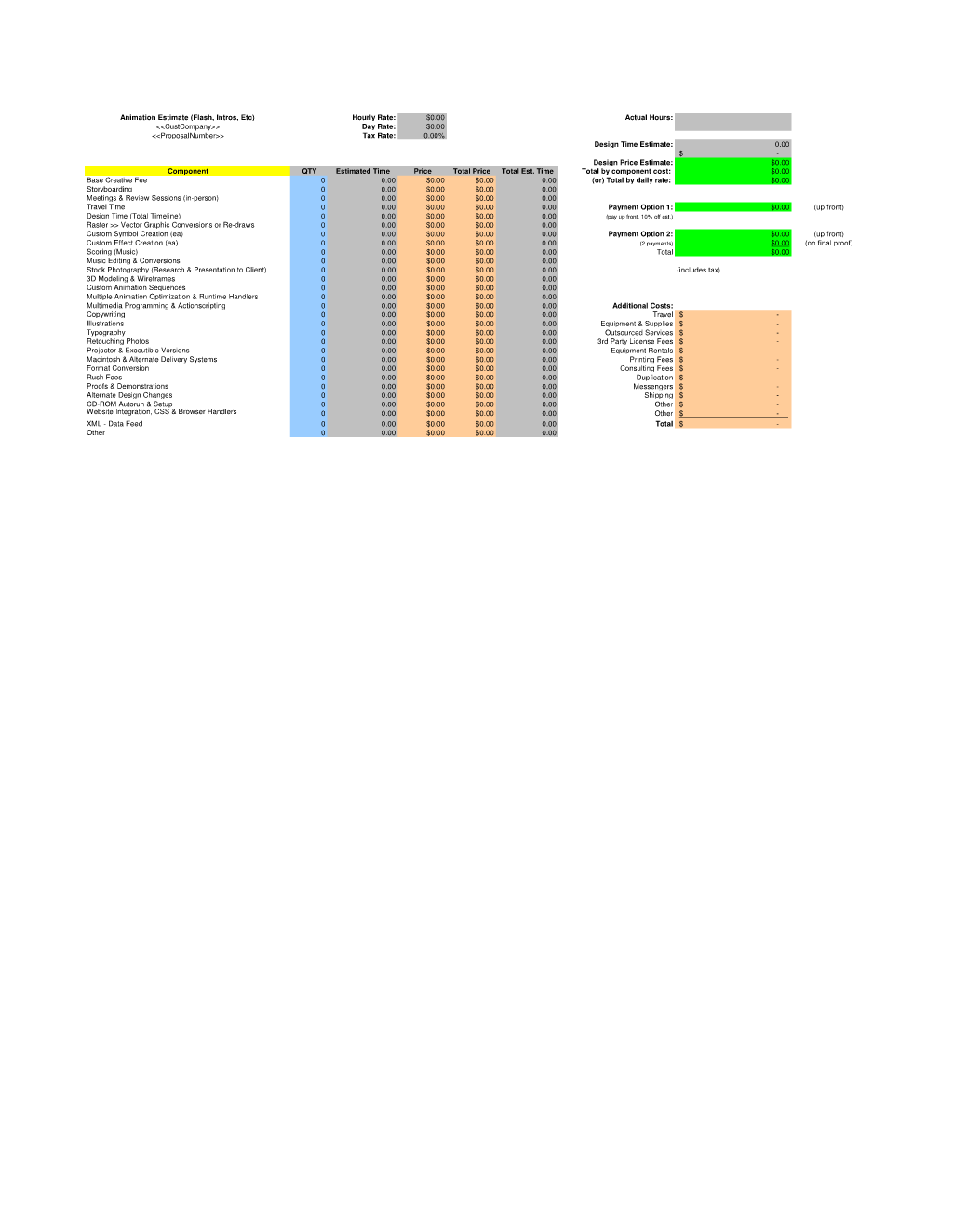 Flash Animation Project Estimate Spreadsheet