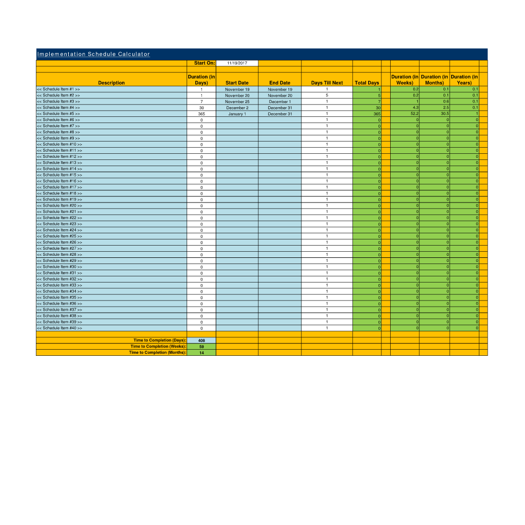 Implementation Schedule Calculator