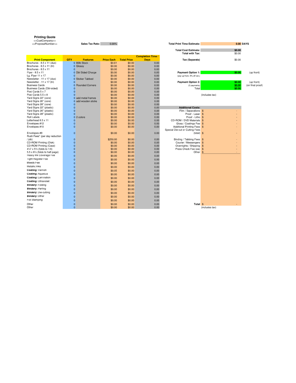 Printer Project Estimate Spreadsheet