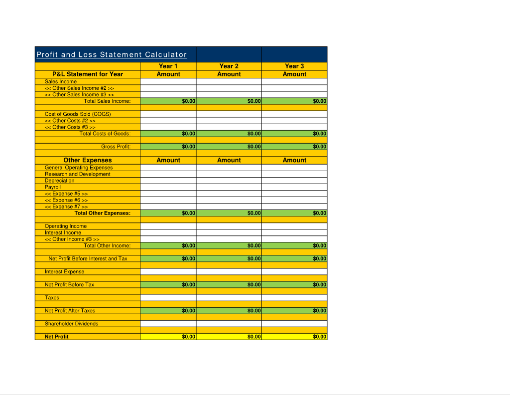 Profit and Loss Statement Three Year Calculator