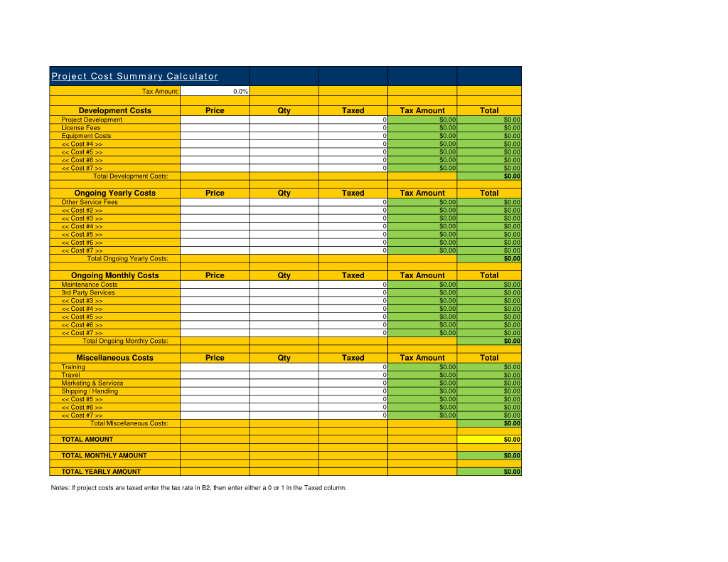 Project Cost Summary Calculator