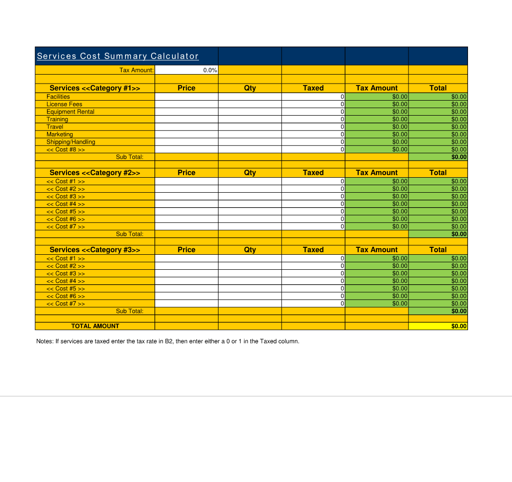 Services Cost Summary Calculator