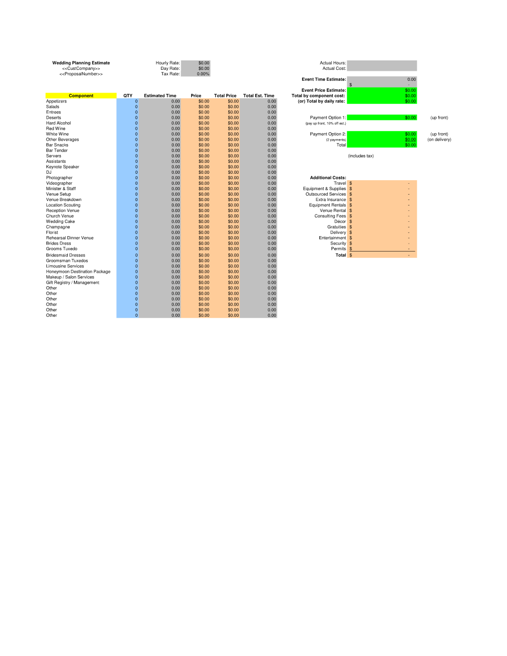 Wedding Planner Estimate Spreadsheet