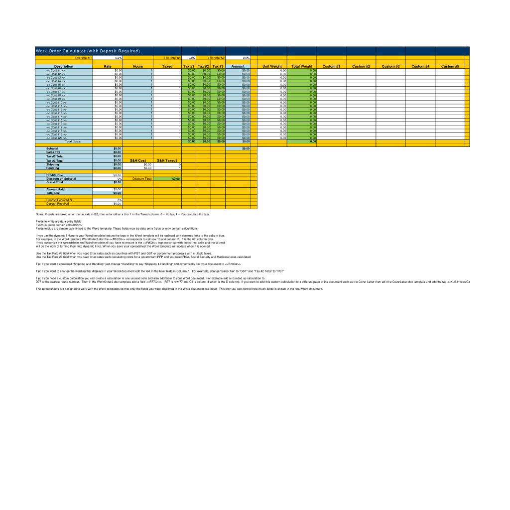 Work Order (with Deposit) Calculator Work Order (with Deposit) Calculator