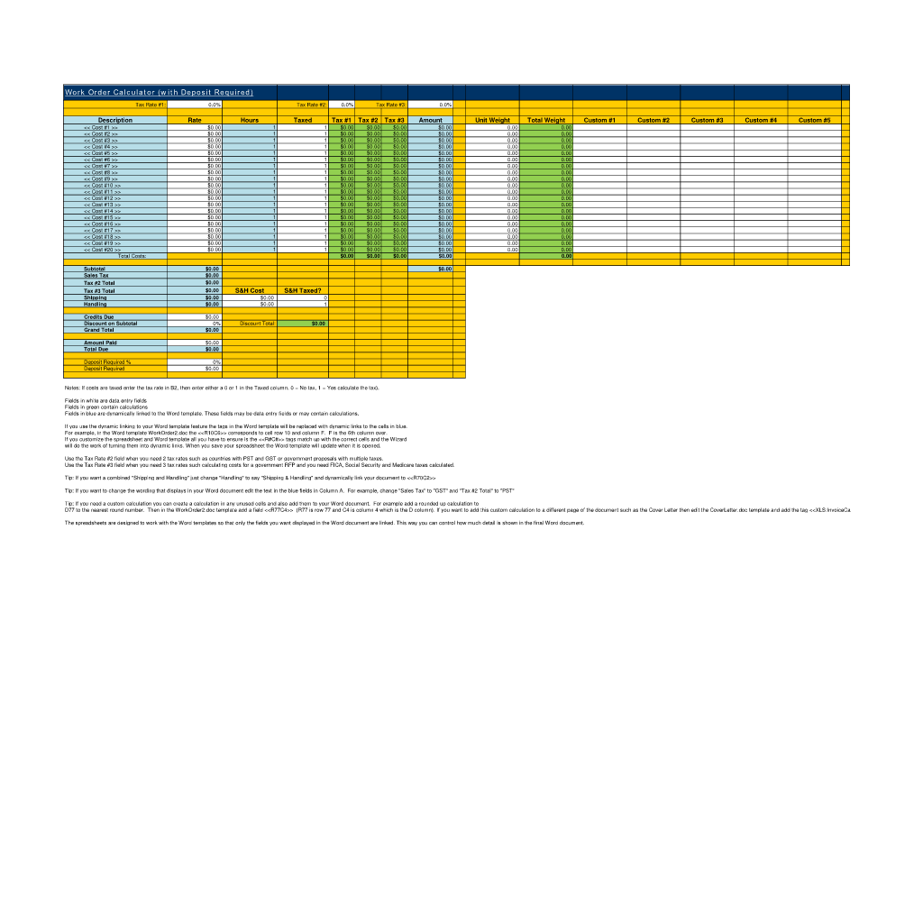 Work Order (with Deposit) Calculator