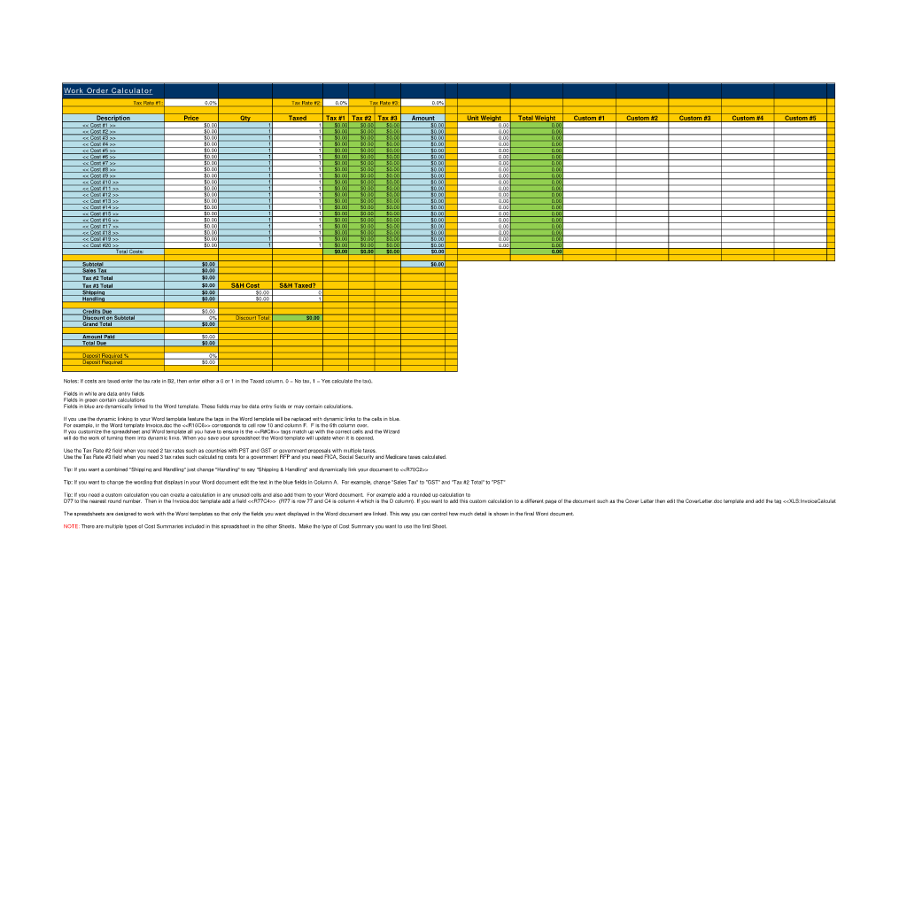 Work Order (without Deposit) Calculator