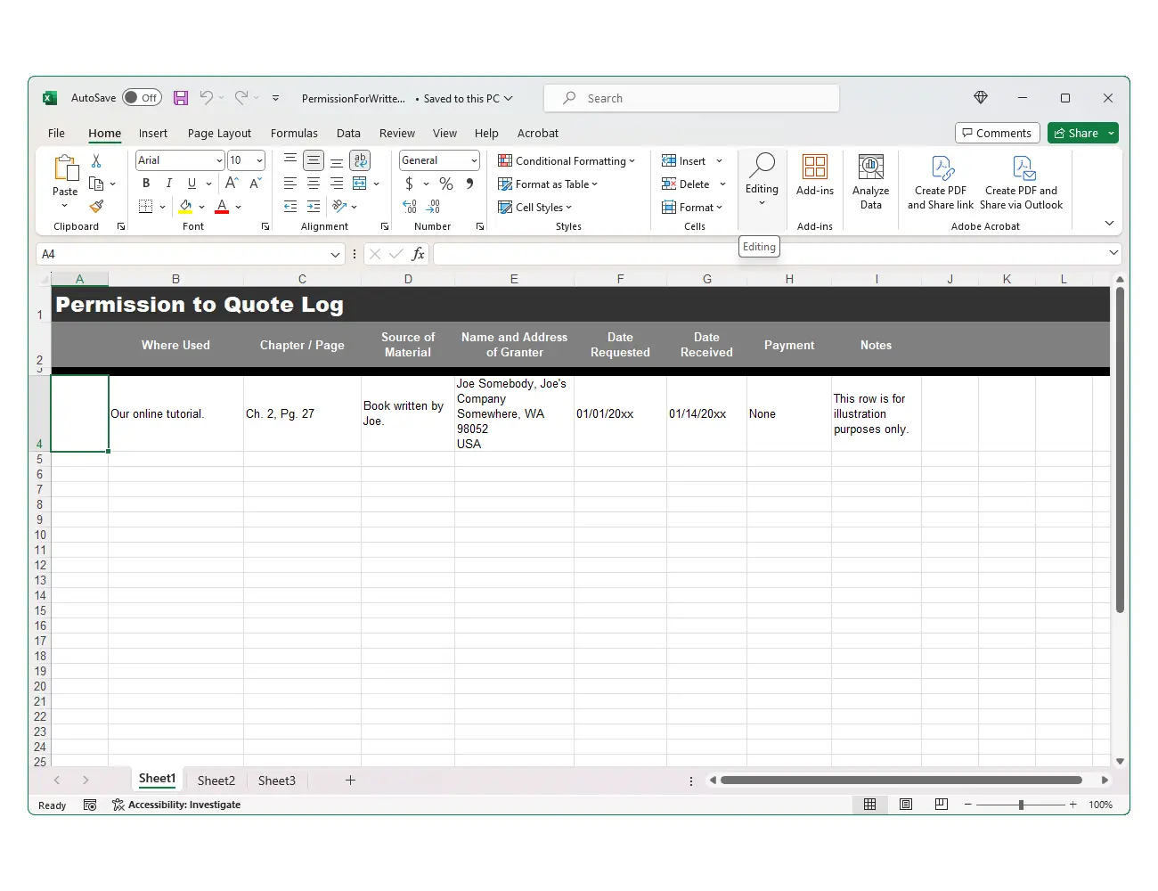 Permission for Written Material Log Concepts