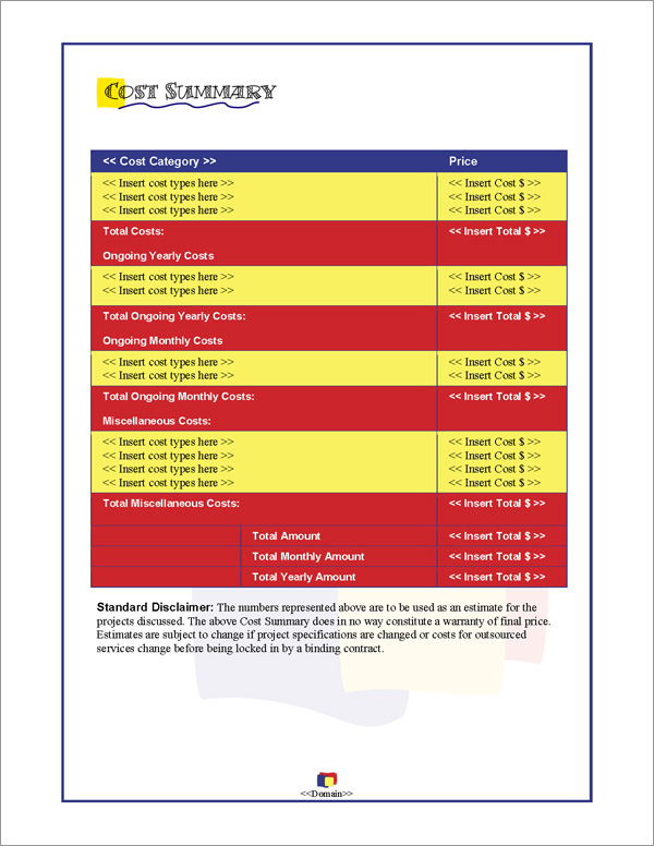 Proposal Pack Artsy #1 Cost Summary Page Proposal Pack Artsy #1 Cost Summary Page