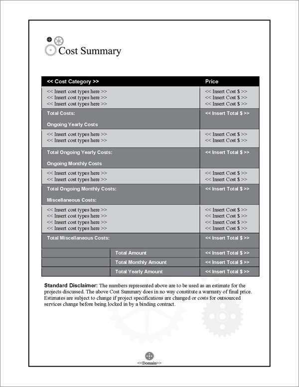 Proposal Pack Industrial #1 Cost Summary Page Proposal Pack Industrial #1 Cost Summary Page