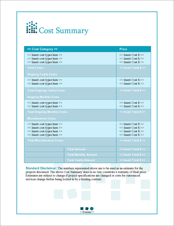 Proposal Pack Tech #1 Cost Summary Page