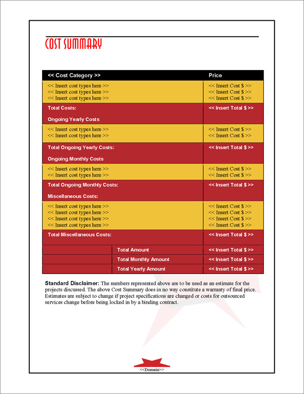 Proposal Pack Entertainment #1 Cost Summary Page